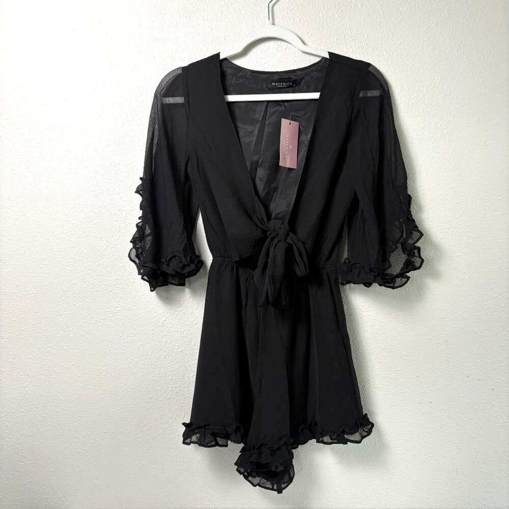 Maverick‎ The Collection Romper Size XS Black Ruffle Tie Front Sheer Chiffon NWT